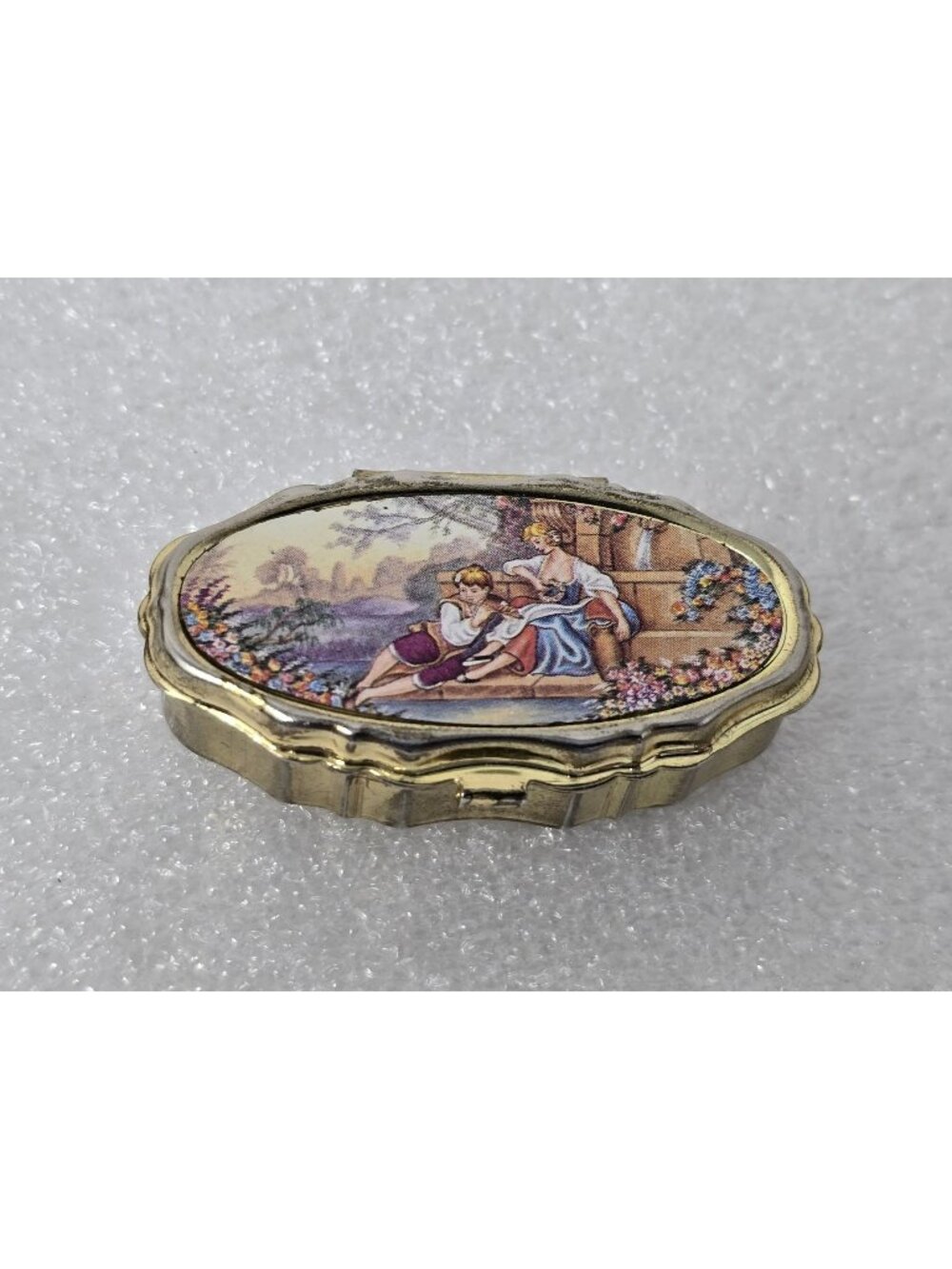 Vintage Gold Tone Pill Box Romantic Courting Scene 2 Compartment Victorian
